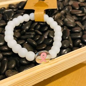 Bracelet- Breast Cancer Awareness, ceramic beads breast cancer charm 7.5 inches